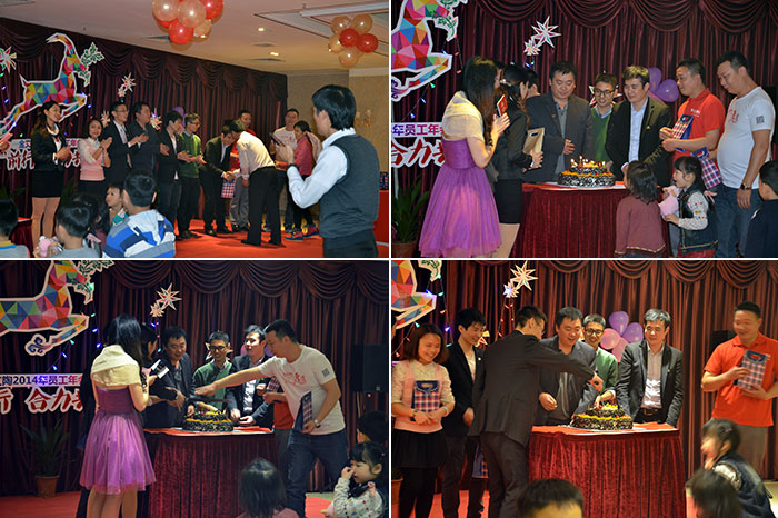 为生日的员工送上蛋糕，，，，，董事长还为寿星们送上细腻礼物